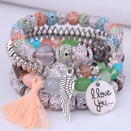 maoxiangshop Valentines Day Bohemian Multicolor Pink Crystal Beads Bracelets Women Girls Elastic Tassel Wing Letters Rope Bracelet Pulseira Feminina