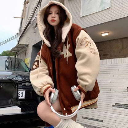 Embroidered Hooded Baseball Uniform Women's Winter 2023 New Student Couple American Retro Plus Velvet Casual Hooded Jacket Top