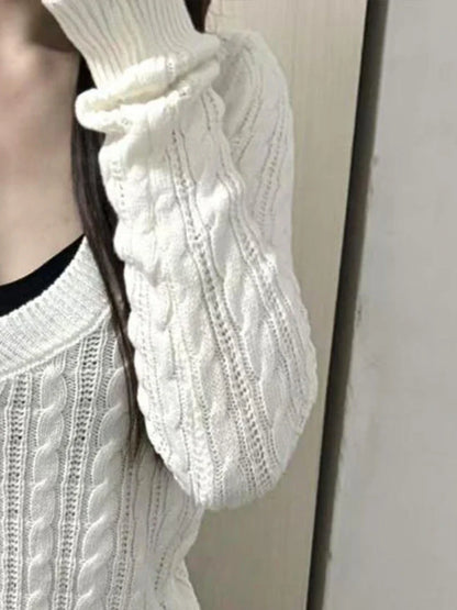 maoxiangshop  -  2024 Autumn Sweet Solid Twist Sweater Women Y2k Aesthetic Casual Loose Vintage Tops Preppy Style Fairy Knitwear All Match Jumper