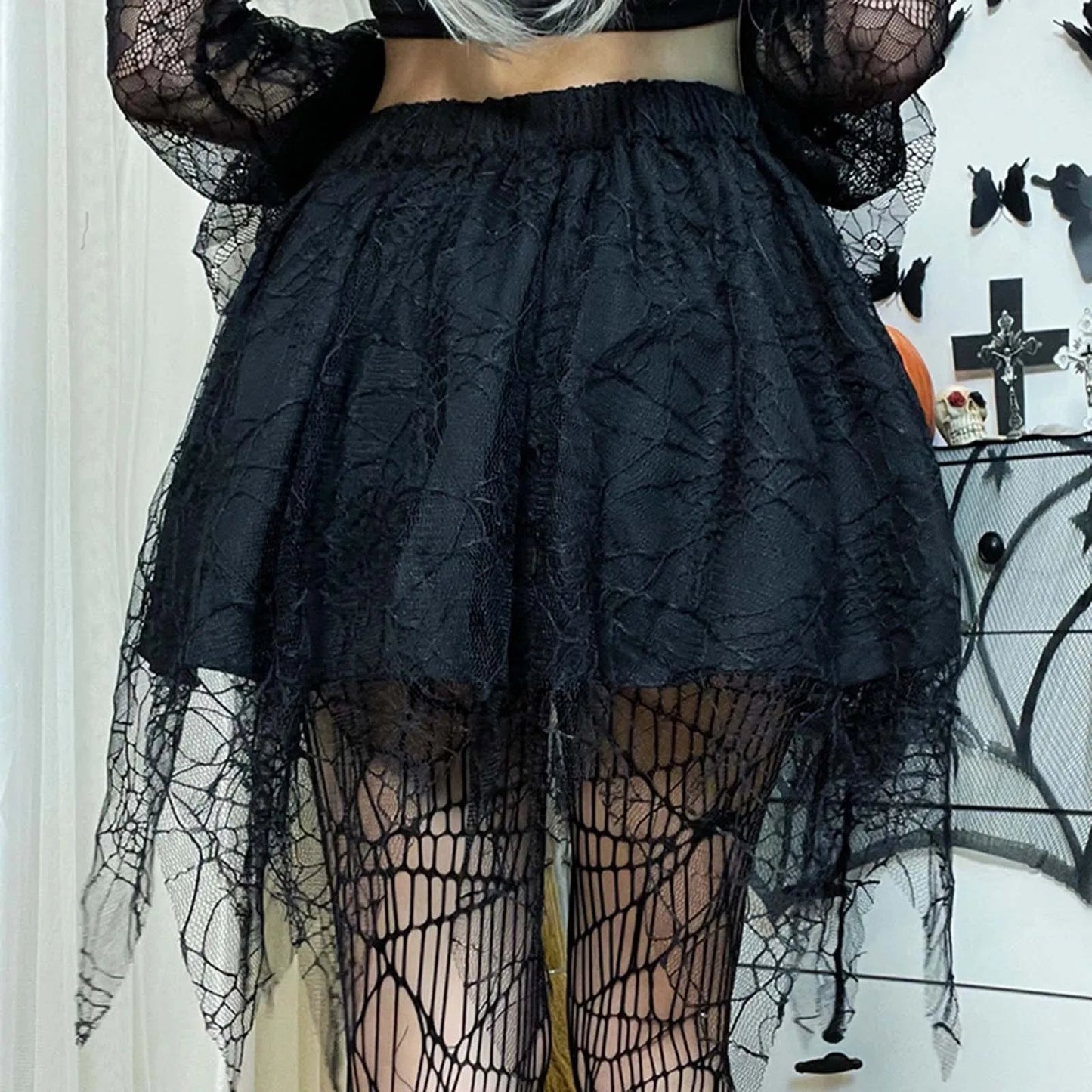 maoxiangshop Gothic Black Mesh Fringed Mini Skirt Women Spider Web Lace Irregular Dark Skirts Pleated Y2K Grunge Halloween Party Clothes