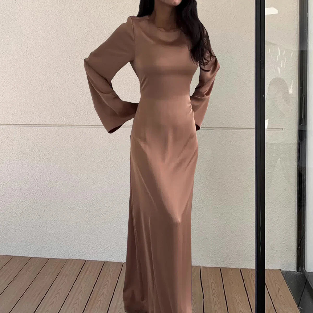 New Elegant Long Dresses Fashion Vintage Simple Round Neck Satin Flare Sleeve Lace Up Slim Evening Party Women Sexy Dress