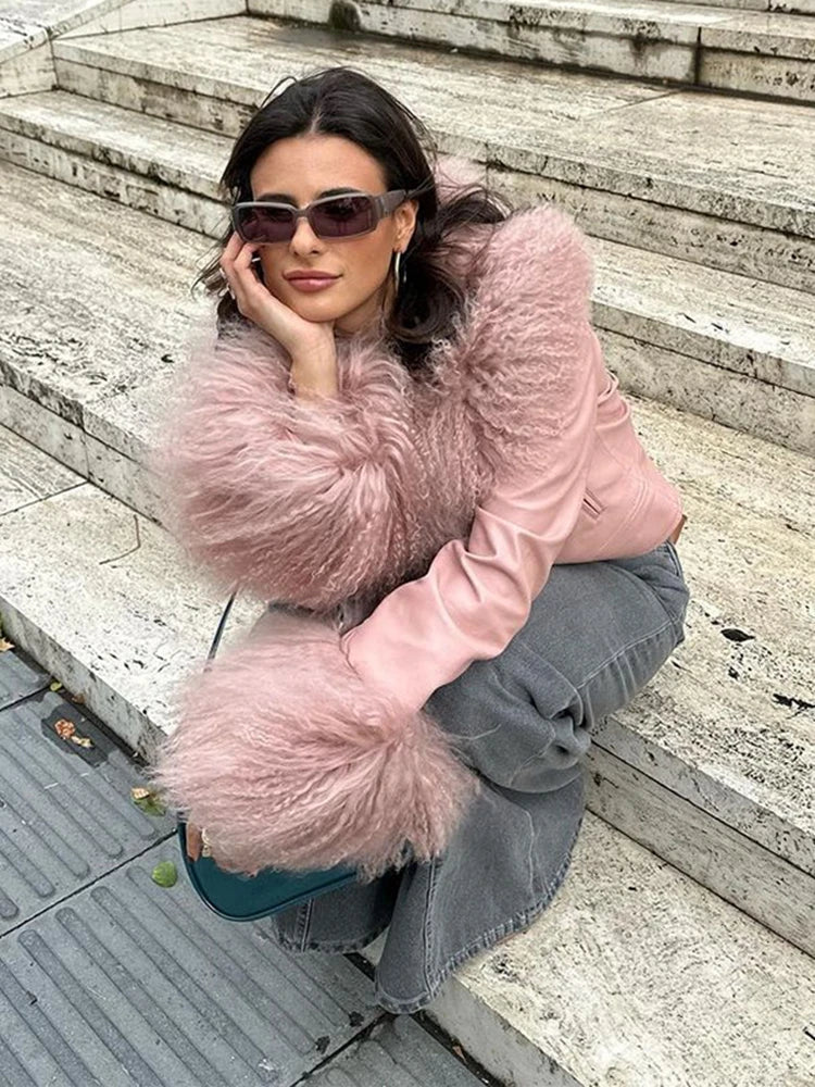 maoxiangshop -  Elegant Ostrich Hair Sleeve Jacket Women Fashion V Neck Long Sleeve Leather Coat Pink Autumn Chic Lady Single Breasted PU Tops