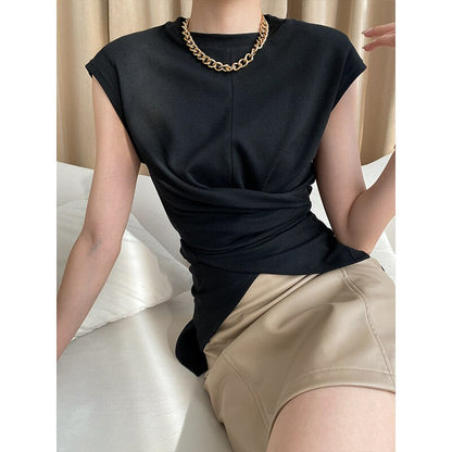 maoxiangshopTrendy niche design cross strap shoulder pads cotton T-shirt top early spring