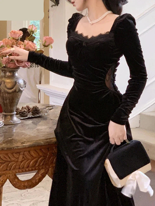 maoxiangshop DRESS TO IMPRESS Gothic Vintage Balck Long Sleeve Dress Women Fashion Velvet Midi Dress Female Korean Slim Even Party Elegant Lady Dresses