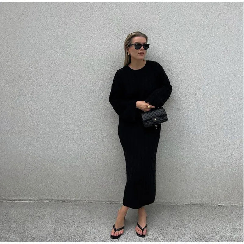 maoxiangshop Autumn Winter Knitted Dress Women Fashion Solid Color Ribbed Sweater Dress Female Elegant Casual Loose Long Sleeve Long Dresses