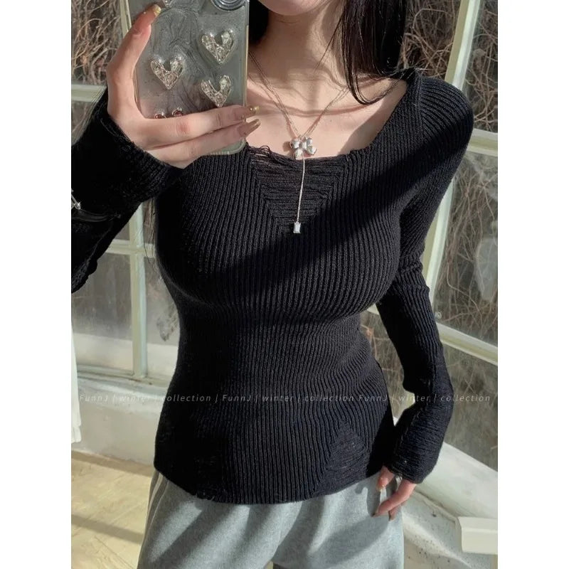 maoxiangshop Hollow Out White Women's Sweater Slim Long Sleeve Knitwear Korean Fashion Pullovers Spring Coquette Jumper Casual