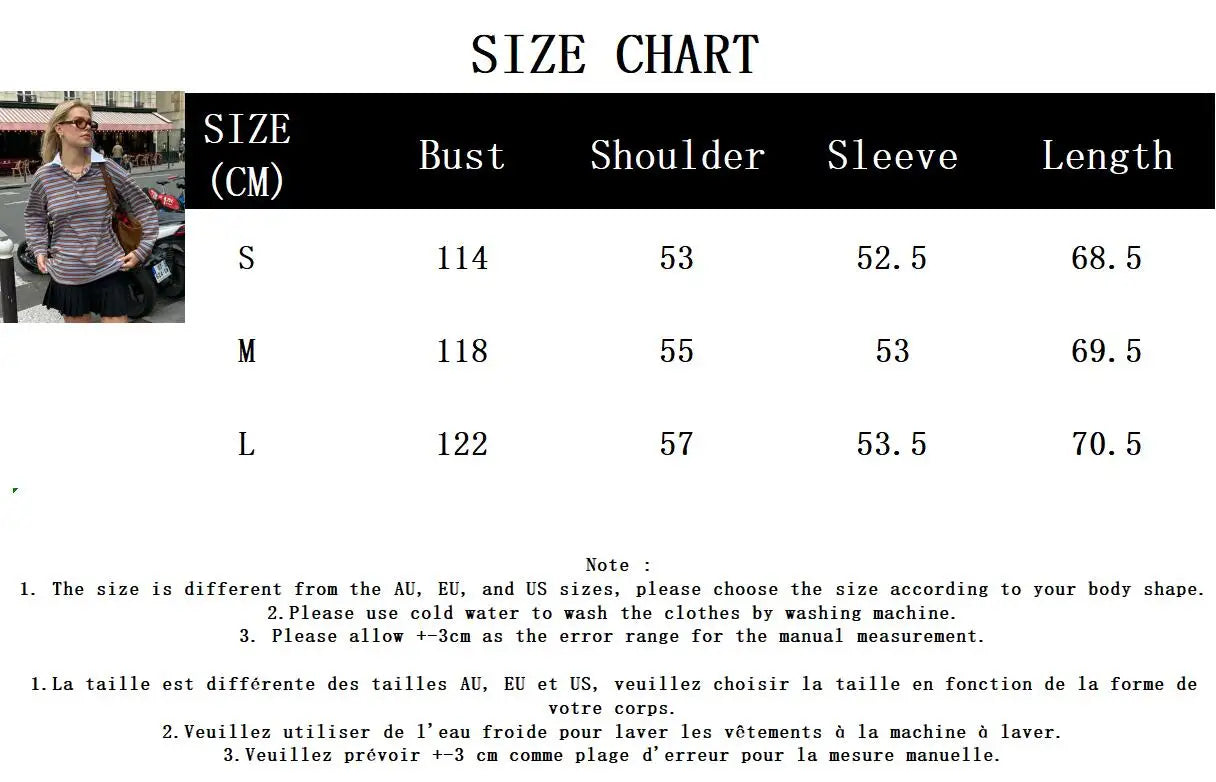 maoxiangshop  -  Striped Vintage Long Sleeve T-shirt Women Autumn New Turndown Collar Button T-shirts 2024 Streetwear Fashion Pullover Tops Tees