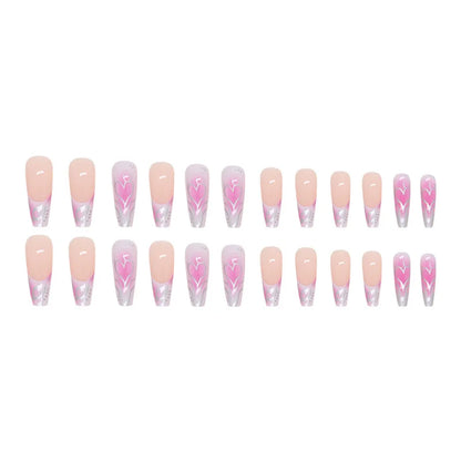 maoxiangshop 24Pcs Long Ballet False Nails Long French Fake Nails with Heart Designs Wearable Coffin Press on Nails Full Cover Nail Tips
