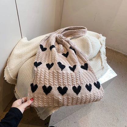 Fashionable Valentine's Day Solid Color Knitted Material with Heart shaped Decoration Open Top Women's One Shoulder Tote Bag