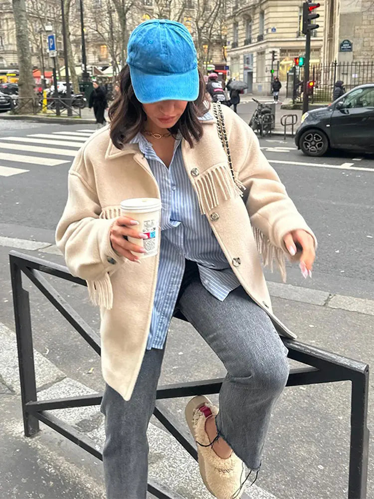maoxiangshop -  Elegant Solid Single Breasted Tassels Coat For Woman Fashion Long Sleeve Lapel Neck Coat Lady Winter Warm Loose Street Outwear