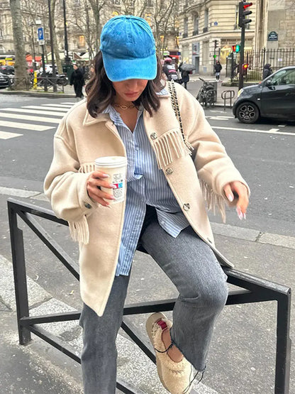 maoxiangshop -  Elegant Solid Single Breasted Tassels Coat For Woman Fashion Long Sleeve Lapel Neck Coat Lady Winter Warm Loose Street Outwear