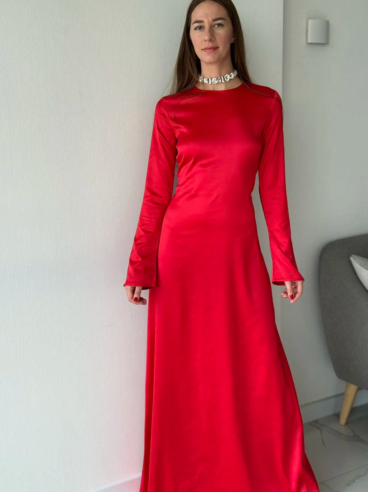 Long Maxi Evening Dress Red Satin Long Sleeve Formal Dresses Elegant Back Lace Up Party Dresses Women Clothing