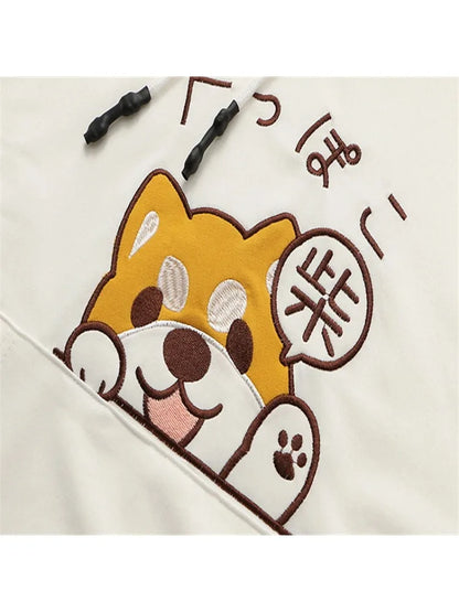 maoxiangshop Women Cotton Hoodies And Sweatshirt Cartoon Dog Embroidery Patchwork Hooded Pullover For Sweet Style Girl Drawstring Tracksuits