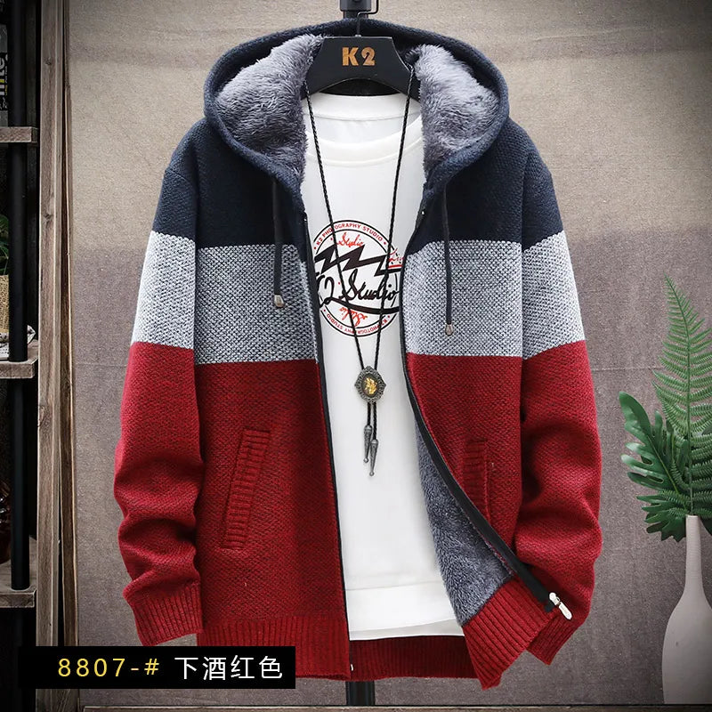 maoxiangshop Winter Men Sweater Add Velvet Cardigan Patchwork Color Stand Collar Male Casual Zipper Knitted Thick Warm Sweatercoat