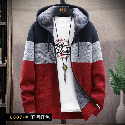 maoxiangshop Winter Men Sweater Add Velvet Cardigan Patchwork Color Stand Collar Male Casual Zipper Knitted Thick Warm Sweatercoat