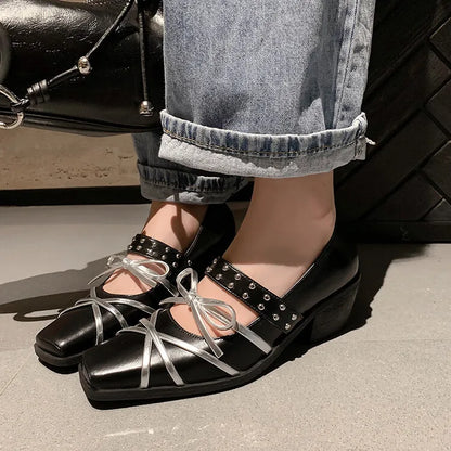 maoxiangshop  -  Rivet Platform Mary Jane Shoes Square Toe Pumps Women Winter 2024 New Cross Strap Bow Fashion Chunky Luxury Designer Shoes Women