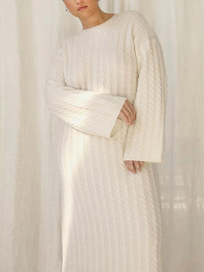 maoxiangshop Autumn Winter Knitted Dress Women Fashion Solid Color Ribbed Sweater Dress Female Elegant Casual Loose Long Sleeve Long Dresses