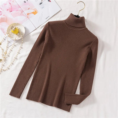 maoxiangshop 2024 Autumn Winter Women Long Sleeve Knitted Foldover Turtleneck Ribbed Pull Sweater Soft Warm Femme Jumper Pullover Clothes