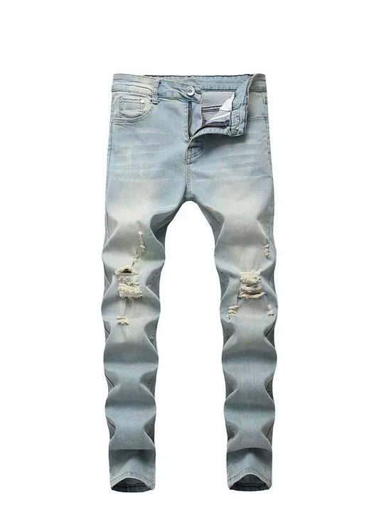 maoxiangshop Men's Jeans Solid Faded Ripped Frayed Denim Jeans Mid-waist Slim Fitted Pants Ankle-length Zipper Trousers with Pocket