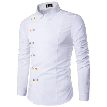 maoxiangshop Men's Diagonal Placket Double Breasted Slim Fitting Fashion Long Sleeved Shirt