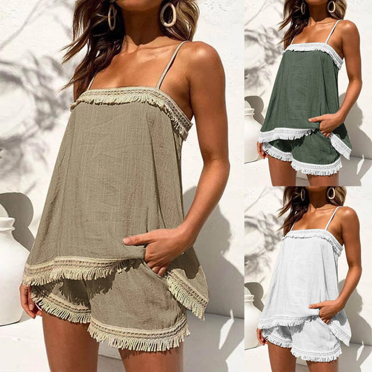 maoxiangshop Summer 2 Piece Set Outfits Women Sexy Solid Color Boho Sling Tassel Shorts Sets Ladies Halter Fringe Top Beach Outfits Femme