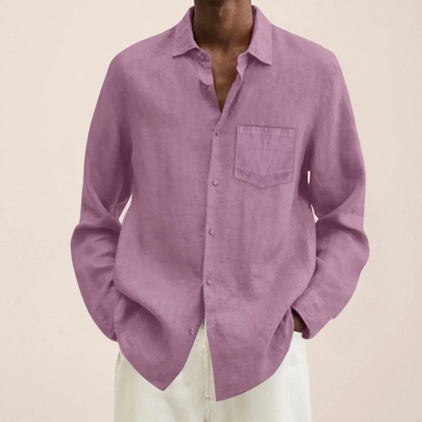 maoxiangshop Male Summer Cotton Linen Solid Casual Plus Size Loose Shirt Mens Turn Down Long Sleeve Shirt