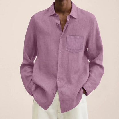 maoxiangshop Male Summer Cotton Linen Solid Casual Plus Size Loose Shirt Mens Turn Down Long Sleeve Shirt