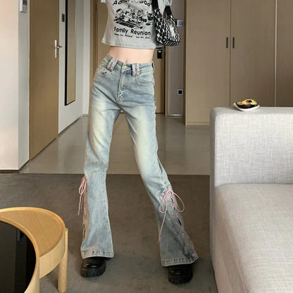 Y2K High Waist Jeans Women Vintage Bandage Slit Slim Flare Denim Pants Female Korean Streetwear Casual Wide Leg Trousers