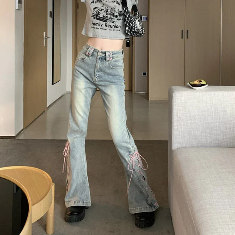 Y2K High Waist Jeans Women Vintage Bandage Slit Slim Flare Denim Pants Female Korean Streetwear Casual Wide Leg Trousers