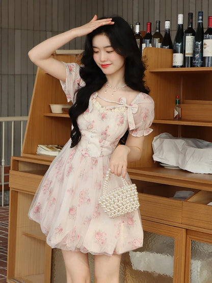 Floral Sweet Fairy Bodycon Dresses for Women Elegant Party Print French Female Korean Fashion Cute Mini Dress Summer 2023 Pink