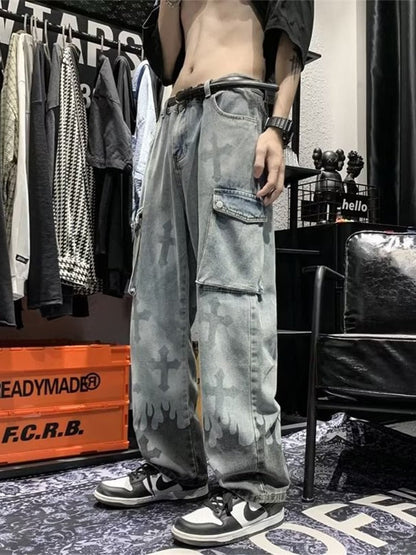 Women Jeans Pants Ins High Street Fashion Cargo Trousers Hiphop American Vibe Style Overalls Gothic Punk Cross Print Jeans Women