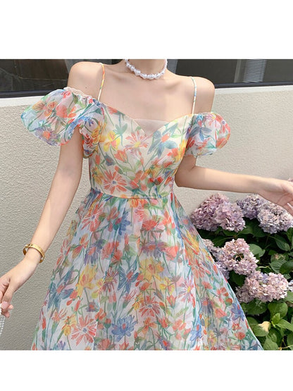 maoxiangshop Women's Skirts Long Dress Fairy Dress French Puff Sleeve Floral Dress Sweet Gauze Bandage Beach Dress Birthday Dress for Women