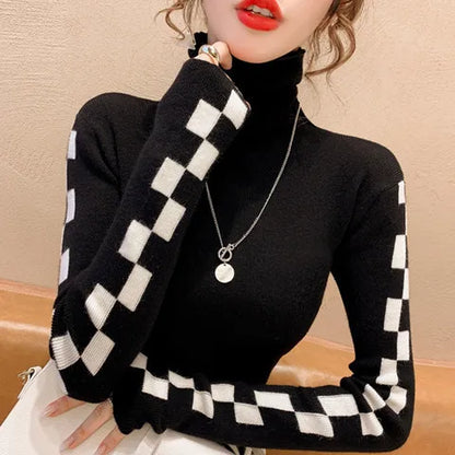 maoxiangshop Knitted Women's Autumn Winter New Korean Version Temperament Versatile Long-sleeved TopTurtleneck Plaid Undershirt Sweater