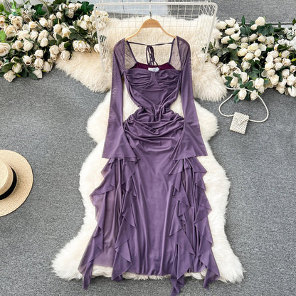 maoxiangshop Double Layer Mesh Dress Spaghetti Strap Slim Bandage Sexy Bodyon Dress Backless Autumn Winter Dresses With Lining