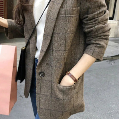 maoxiangshop Women's Plaid Brown Blazer Coat Elegant Female Autumn Business Style Outfits Polyester Spring Jacket Tops Korean Overcoat