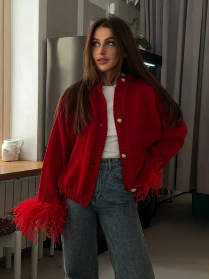 maoxiangshop  -  Women Luxury Velvet Patchwork Long Sleeve Red Sweater Elegant O Neck Single Breasted Crop Cardigan Autumn Lady Warm Knitwear