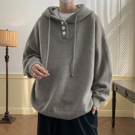 maoxiangshop Men Hooded Sweater Spring and Autumn Seasons Japanese Vintage Lazy Coat Male Wearing Hat Knit Casual Fashion  Loose Sweater Top