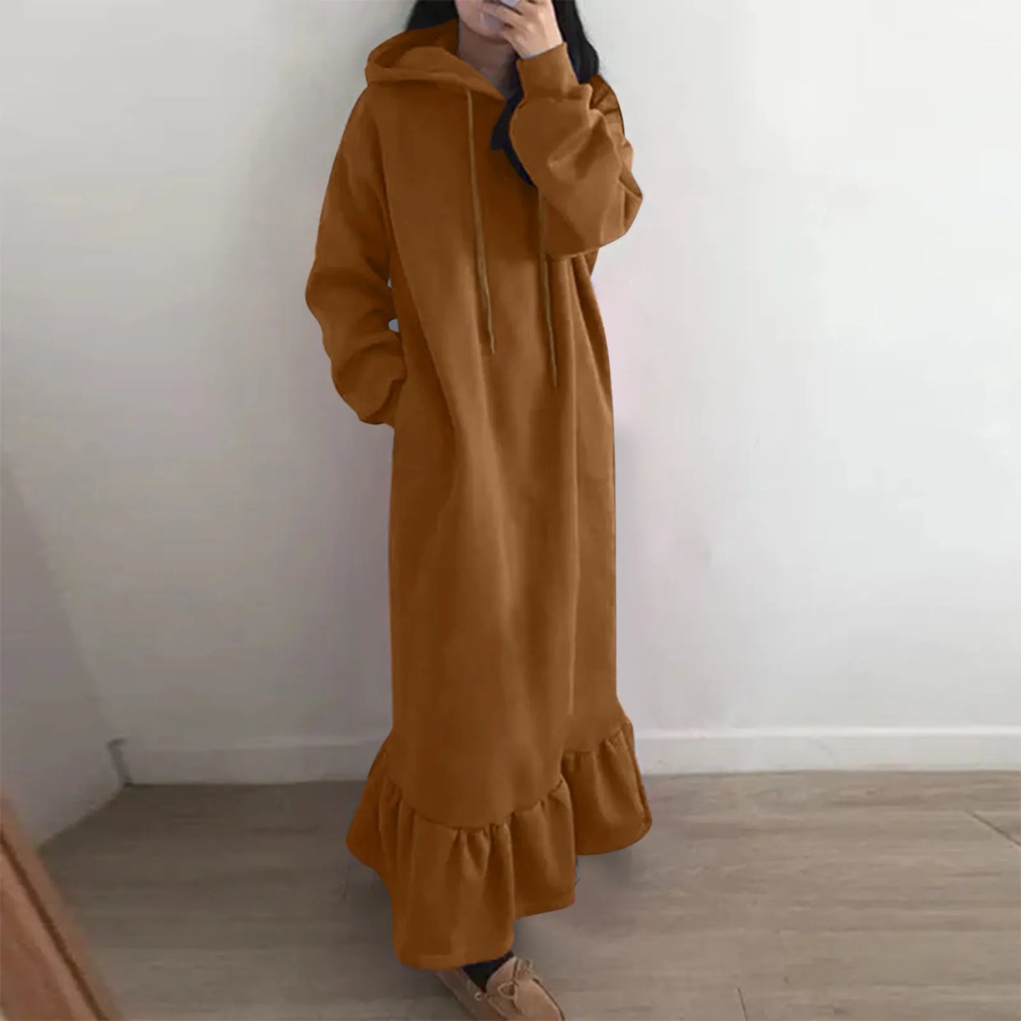 maoxiangshop New Fashion Hooded Sweatshirts Dress Women Casual Solid Long Sleeve Maxi Dresses Winter Clothes Vestidos Warm Robe Femme