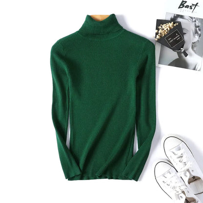 maoxiangshop 2024 Autumn Winter Women Long Sleeve Knitted Foldover Turtleneck Ribbed Pull Sweater Soft Warm Femme Jumper Pullover Clothes