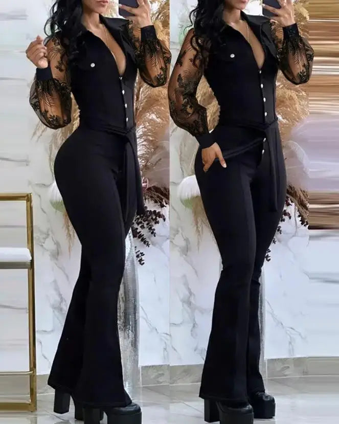 maoxiangshop Jumpsuit Women Spring Fashion Buttoned Tied Detail Turn-Down Collar Plain Long Sleeves Skinny Daily Long Flared Jumpsuit