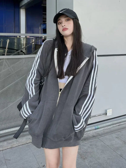 maoxiangshop Casual Zip Hoodie Women Autumn Harajuku Loose Side Stripe Patchwork Long Sleeve Oversized Hoodie School Grey Cardigan