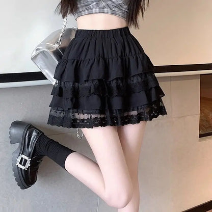 White Lace Pleated Skirt Women Japanese Kawaii Clothing Lace Cake Mini Skirts Even Party Clothing Summer Beach Style