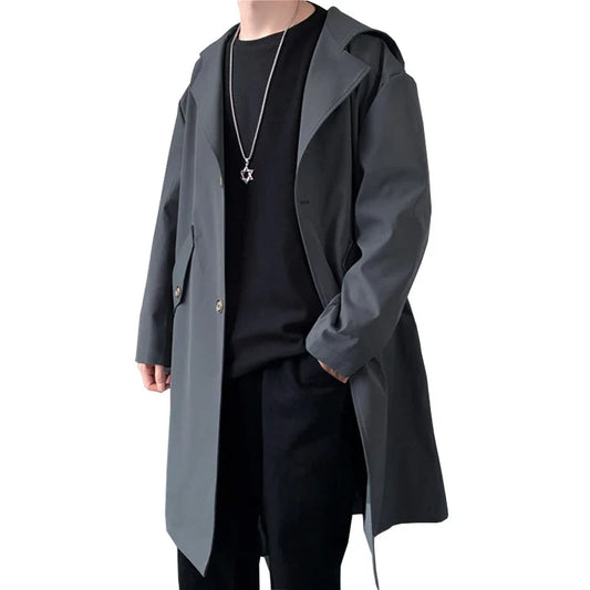 maoxiangshop Streetwear Men's Trench Coat Autumn Winter New Casual Long Windbreaker Jacket Male Solid Color Single Breasted Outwear Overcoats