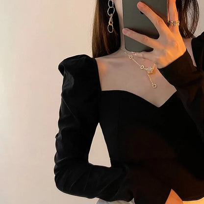 maoxiangshop Vintage Elegant Shirts Women Puff Sleeve Square Collar Blouses Office Lady Korean Autumn Black Chic Slim Casual All Match Tops