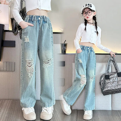 Spring Autumn Teenage Girls Denim Wide Leg Pants Children Straight Ripped Trousers Medium Girls Loose Breathable Solid Jeans