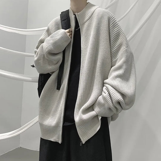 maoxiangshop New Korean Fashion Thick Knitted Cardigan Men Casual Zip Up Sweaters Long Sleeve Knitwear Slim Fitted Zipper Cardigans Male
