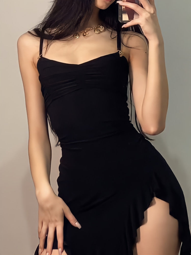 Sexy Black Dress Women Summer Bodycon Spaghetti Strap Mini Dress Sleeveless Irregular Vintage Streetwear Ruffle Sundress