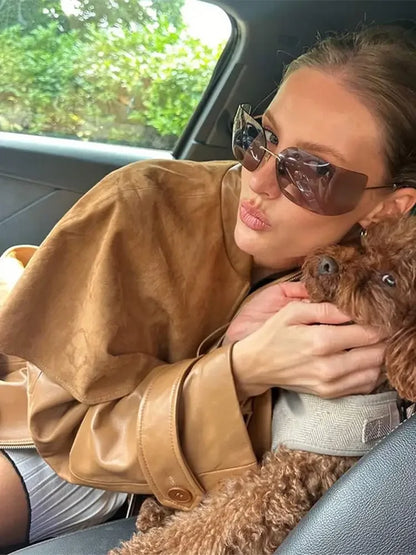 maoxiangshop  -  Women's Fashion Brown Pu Leather Bomber Jacket Vintage Long Sleeve Zipper Button Belt Coat Lady Autumn Chic Commute Outwear