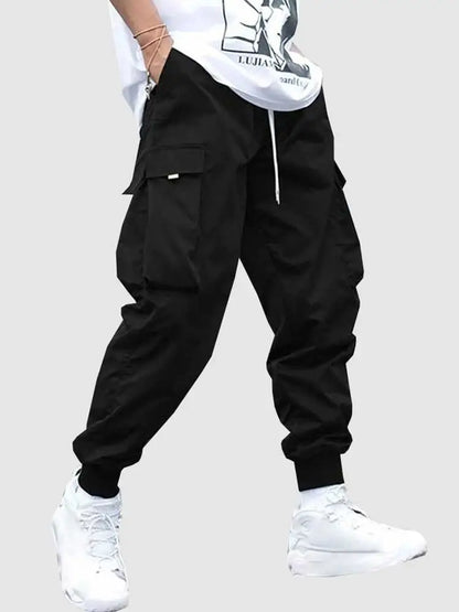 maoxiangshop Men's Cargo Pant Solid Mid-waist Elastic Tooling Trousers Techwear Sweatpants with Flap Pocket Drawstring Beam Feet Pants