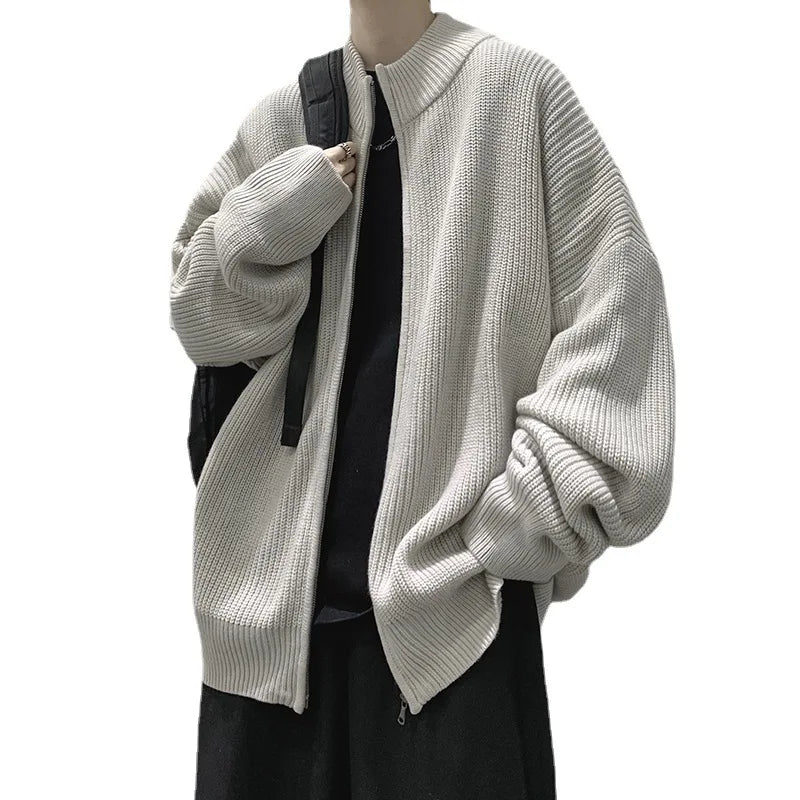 maoxiangshop New Korean Fashion Thick Knitted Cardigan Men Casual Zip Up Sweaters Long Sleeve Knitwear Slim Fitted Zipper Cardigans Male